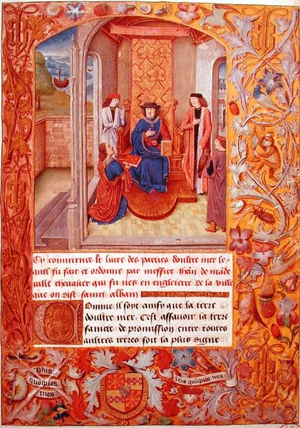 Ms 95 Fol.1 Forfatteren tilbyr sin bok til hertugen av Burgund, fra Armorials of Adolphe de Cleves, tidlig på 1400-tallet (vellum) av French School