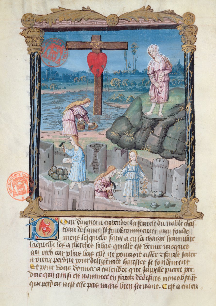 Ms 978 fol.31 Byggingen av slottet, illustrasjon fra en åndelig avhandling til bruk for lekfolk av Gabrielle de Bourbon av French School
