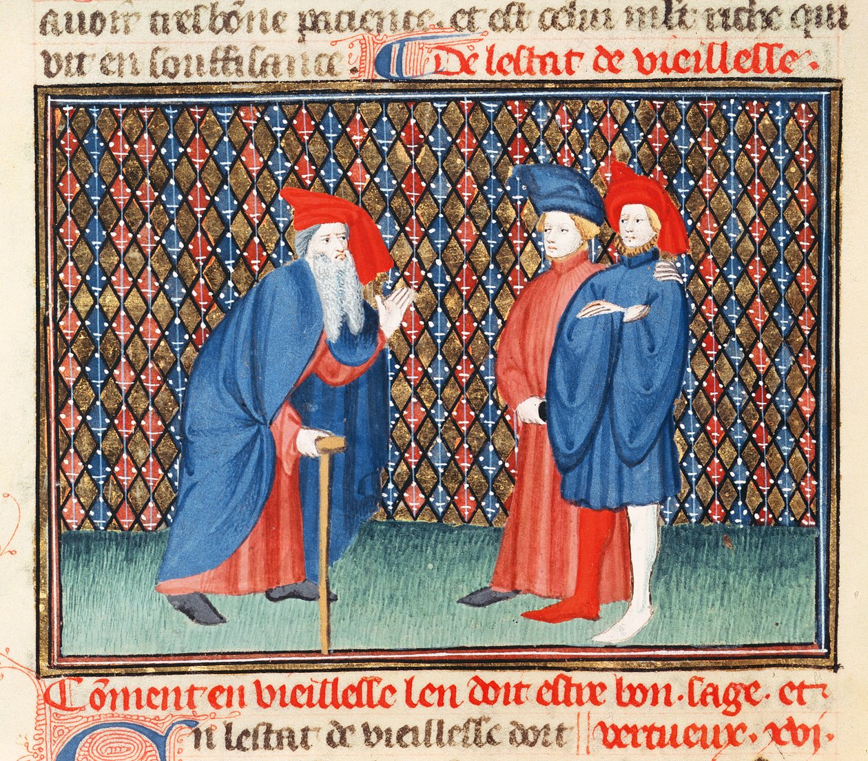 Fr 1023 fol.57v Hvordan eldre må være gode, kloke og dydige, fra boken om god moral, av Jacques le Grant (1360-1415) av French School