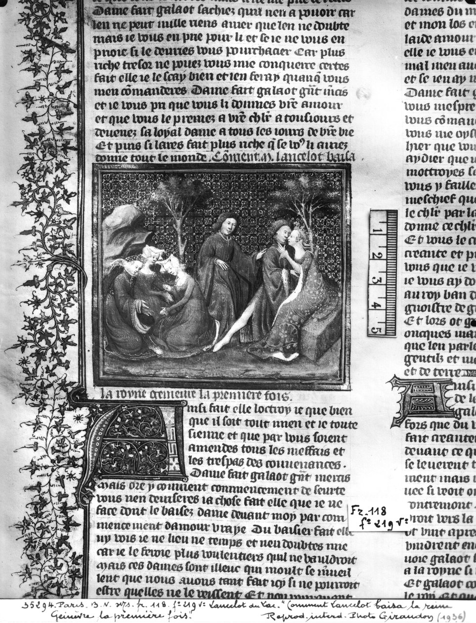 Ms Fr 118 fol.219v Hvordan Lancelot kysset Guinevere for første gang, fra Livre de Messire Lancelot du Lac av French School
