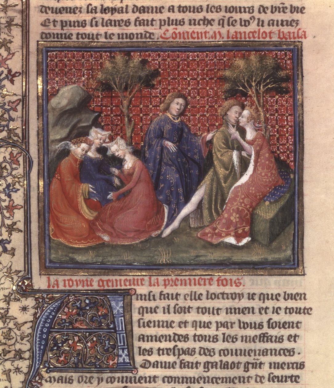 Fr 118 fol. 219v side fra Jakten på den hellige gral og Arthurs død, en del av manuskriptet Lancelot of the lake av French School