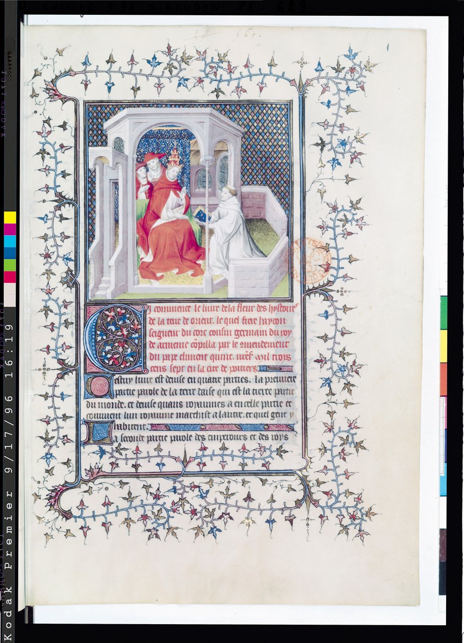 Fr 12201 Fol.1 Hayton presenterer sitt arbeid for pave Clement V (ca. 1260-1320) fra Flower of Stories from the Land of the Orient av Hayton (d.1271) 1402 av French School