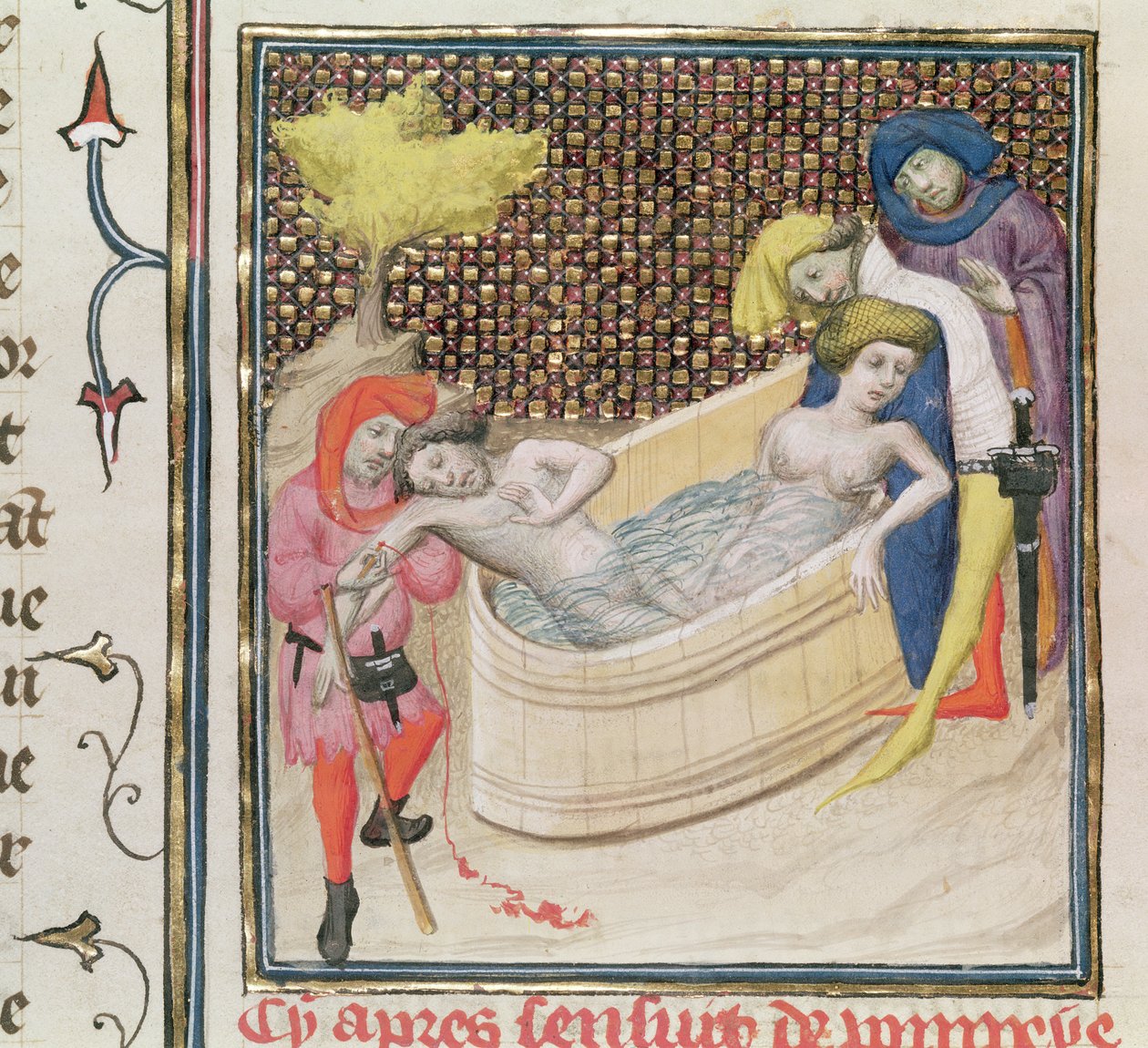 Ms Fr 12420 Paulina Dying With Seneca, fra De Claris Mulieribus, av Giovanni Boccaccio (1313-75) av French School