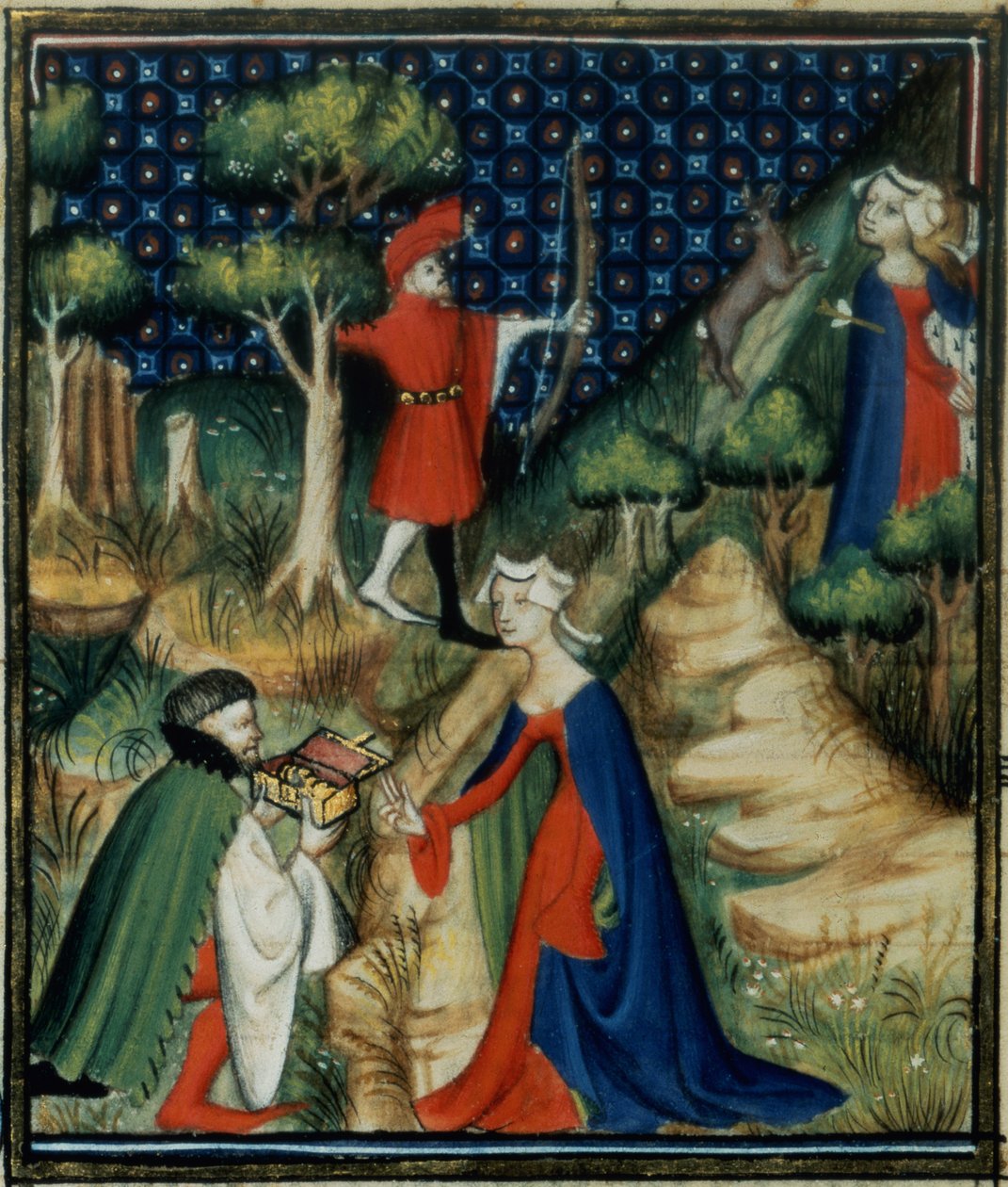 Ms Fr 12420 fol.139v. Historien om Procris, fra `De Claris Mulieribus, fra verkene til Giovanni Boccaccio (1313-75) av French School