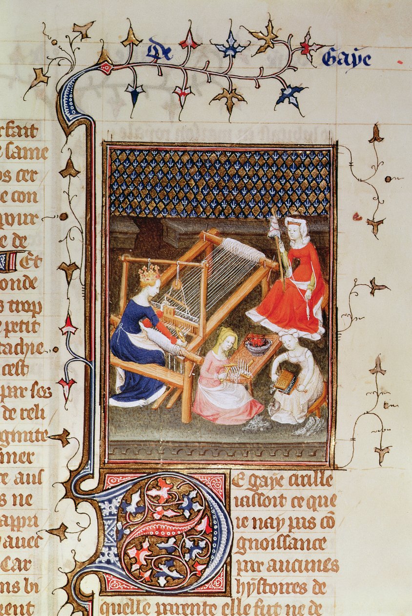 Fr 12420 fol.71 Tanaquil veving, fra `De Claris Mulieribus, fra verkene til Giovanni Boccaccio, 1402 av French School