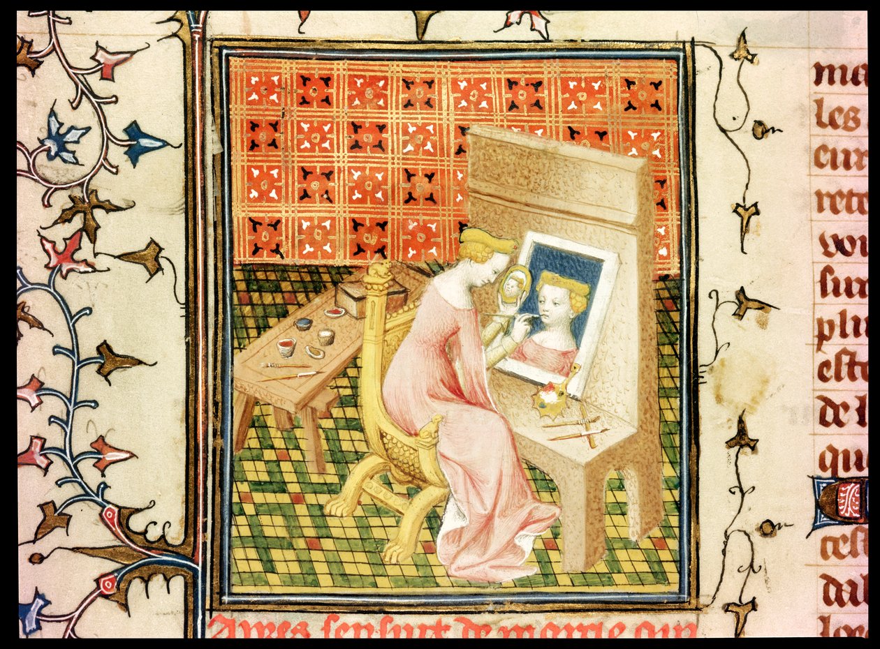 Ms Fr 124220 fol.101v St. Marcia (d.632) Painting a Self Portrait, fra De Claris Mulieribus, fra , av Giovanni Boccaccio (1313-75) av French School