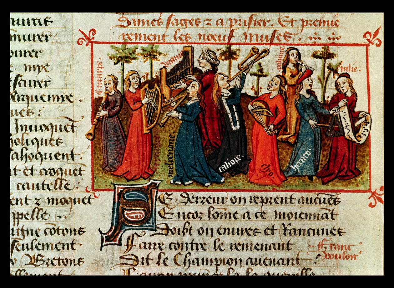 Ms Fr 12476 Fol.109v De ni musene fra Le Champion des Dames av Martin le Franc (1410-61) 1451 av French School