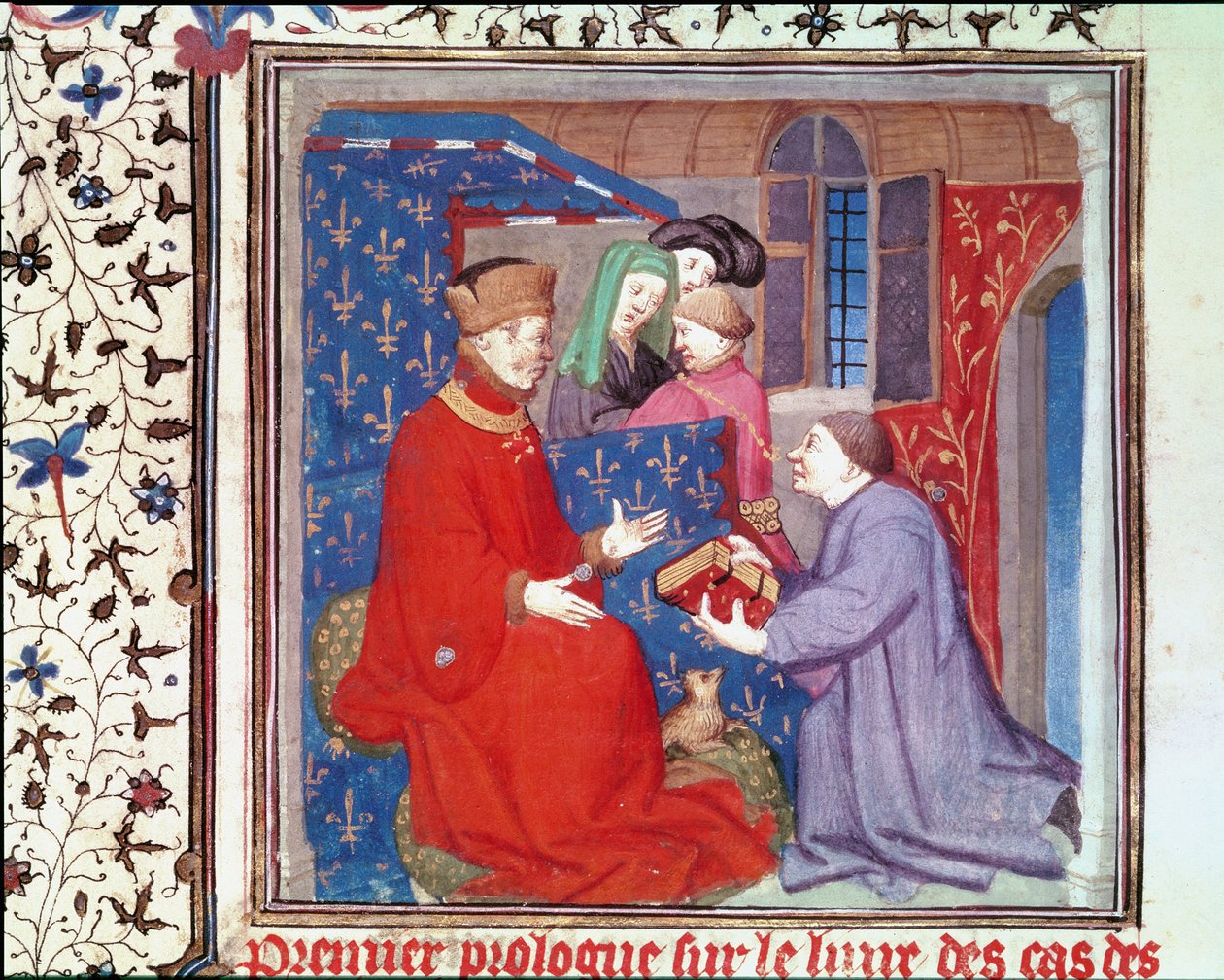 Fr 131 f.1 Jean (1340-1416) hertug av Berry mottar et manuskript fra Boccaccio, fra Cas des Nobles Hommes et Femmes av Giovanni Bocaccio (1313-75) av French School