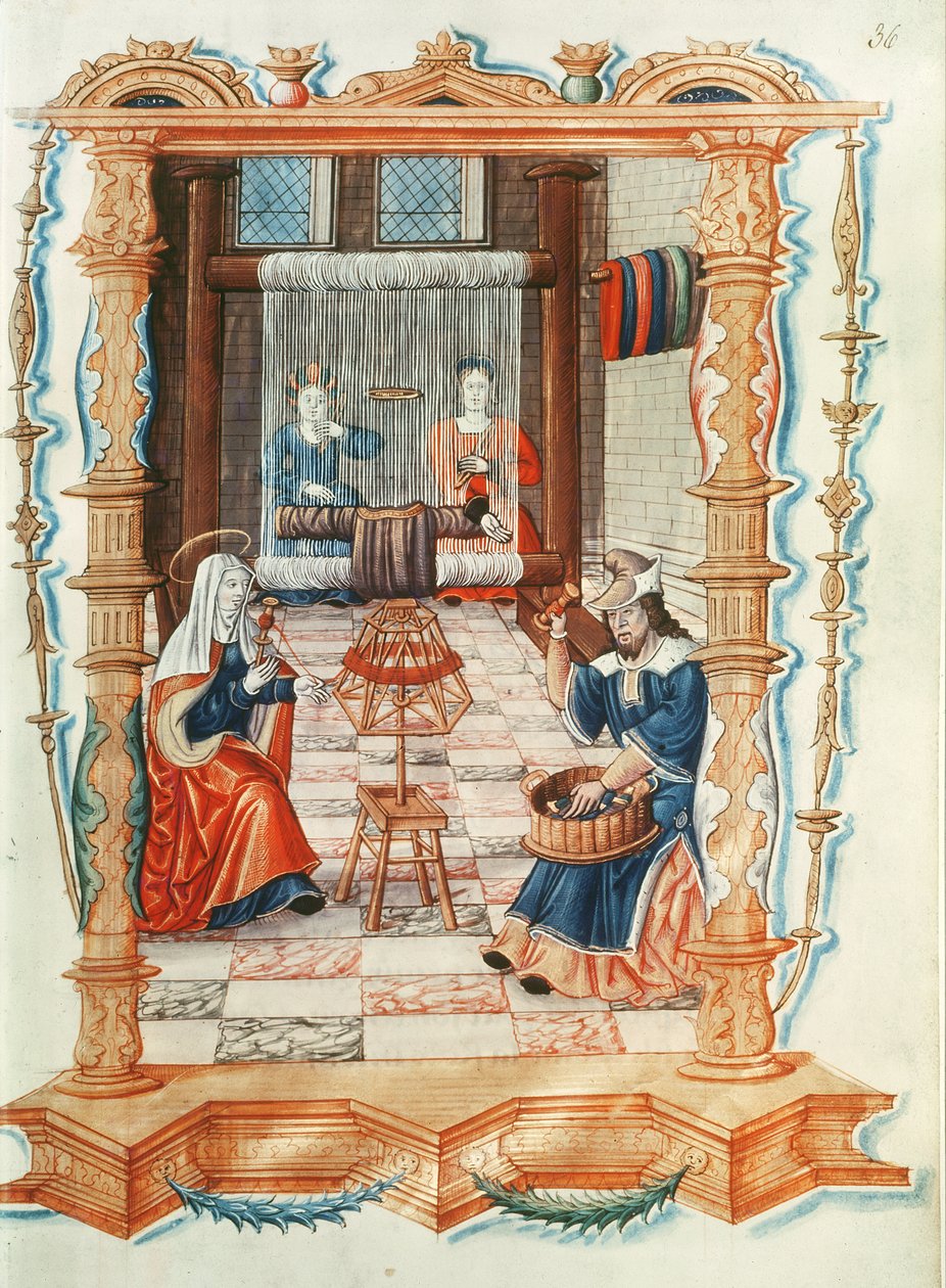 Fr 1537 Fol.36 Jomfru Maria vever i et verksted, fra Chants royaux sur la Conception Couronnee du Puy de Rouen av French School
