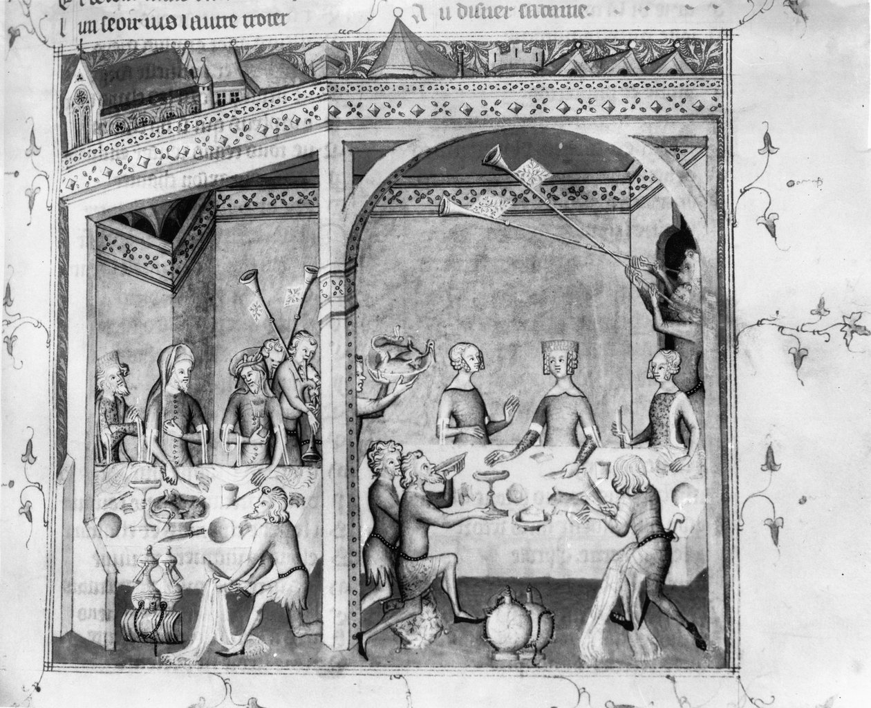 Fr 1584 Musikere underholdt ved en bankett, ca. 1370 (manuskript) av French School