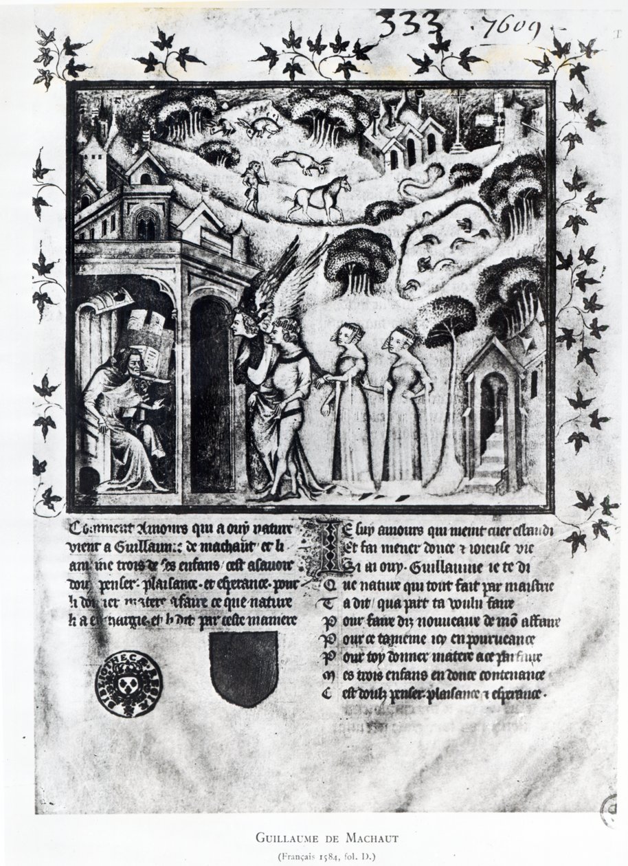 Fr 1584 f.D Forfatteren mottar kjærlighet som bringer til ham søte tanker, nytelse og håp, ca. 1370 (manuskript) av French School