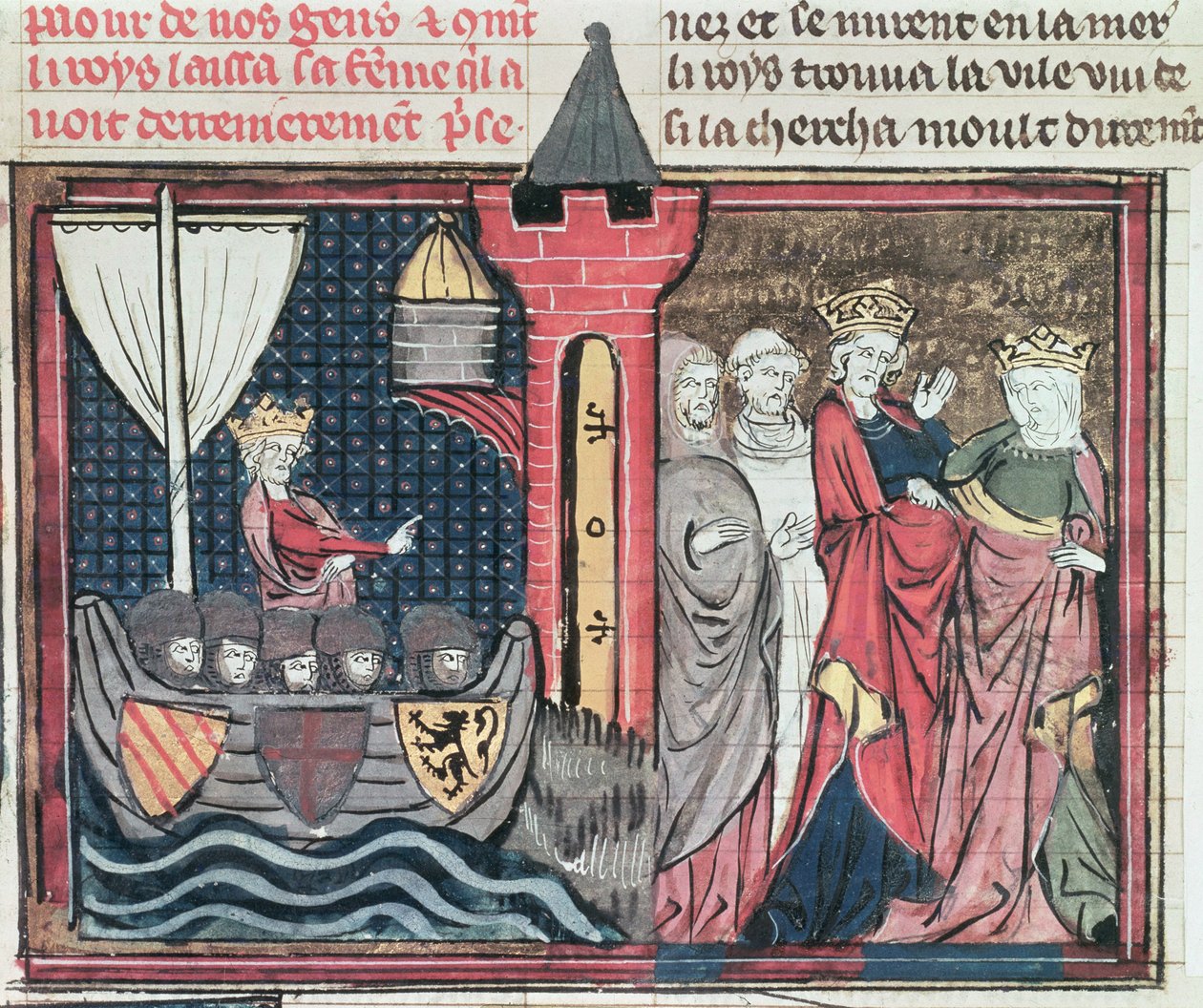 Fr 22495 Fol.101 Baldwin I krysser elven Jordan og gir avkall på sin kone, fra Le Roman de Godefroi de Bouillon, 1337 av French School