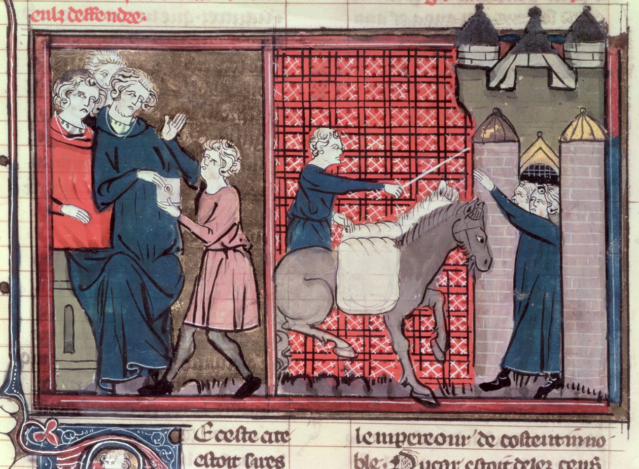 Fr 22495 Fol.37v En budbringer blir sendt for å redde Antiokia, fra Le Roman de Godefroi de Bouillon, 1337 av French School