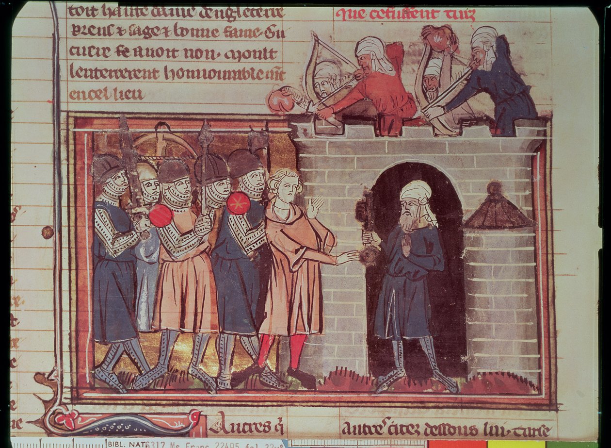 Ms Fr 22495 f.32v 1. Korstog. Overgivelse av Tarsus til Tancred de Hauteville, 1097, fra Le Roman de Godefroi de Bouillon av French School