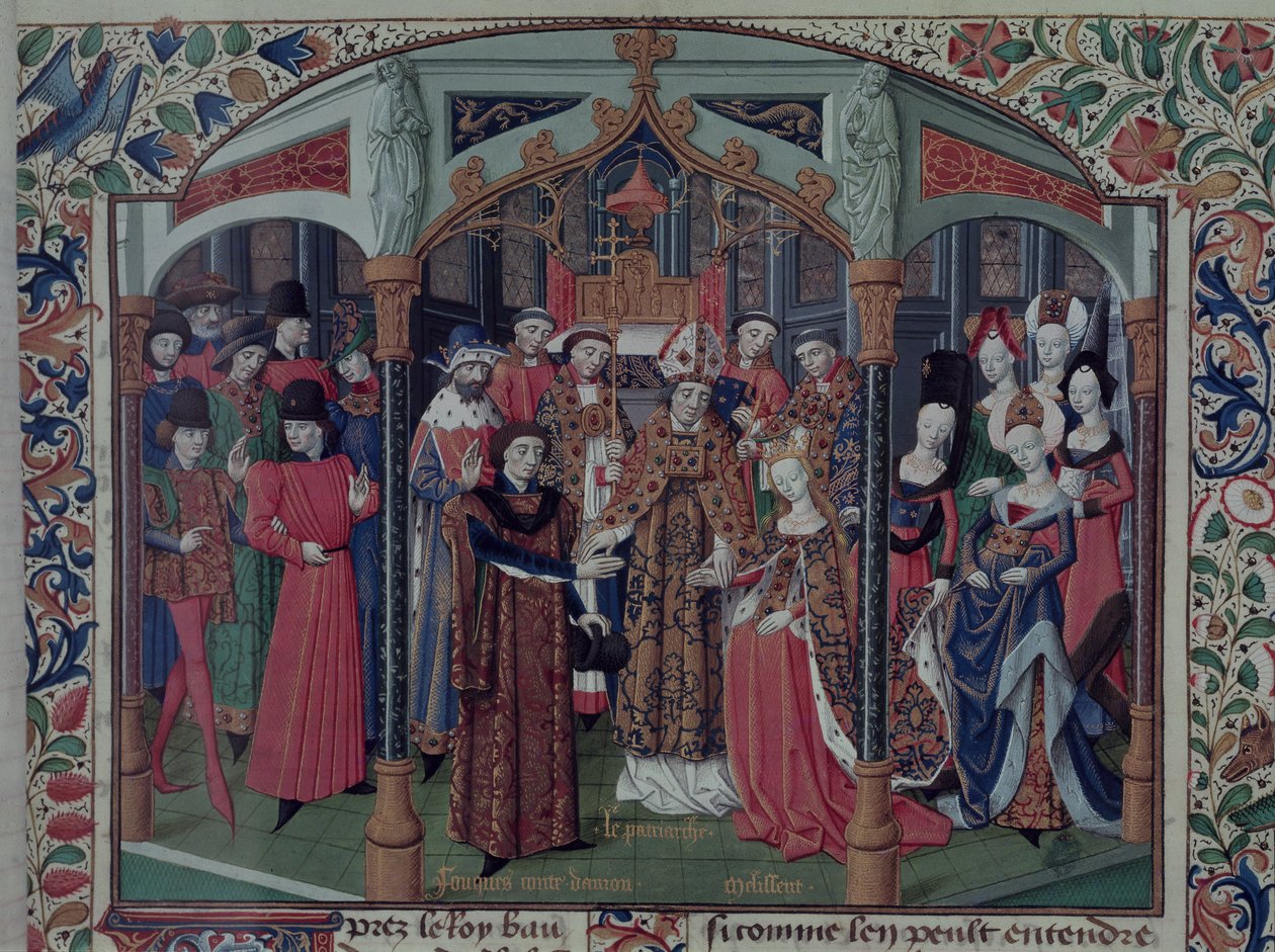 Fr 2629 fol.167 Dronning Melisande av Jerusalem (1109-60) giftet seg med Fulk V av Anjou (1092-1143), fra Histoire de la conquete of Jerusalem av Vilhelm av Tyr (ca. 1130-85) ca. 1470 av French School