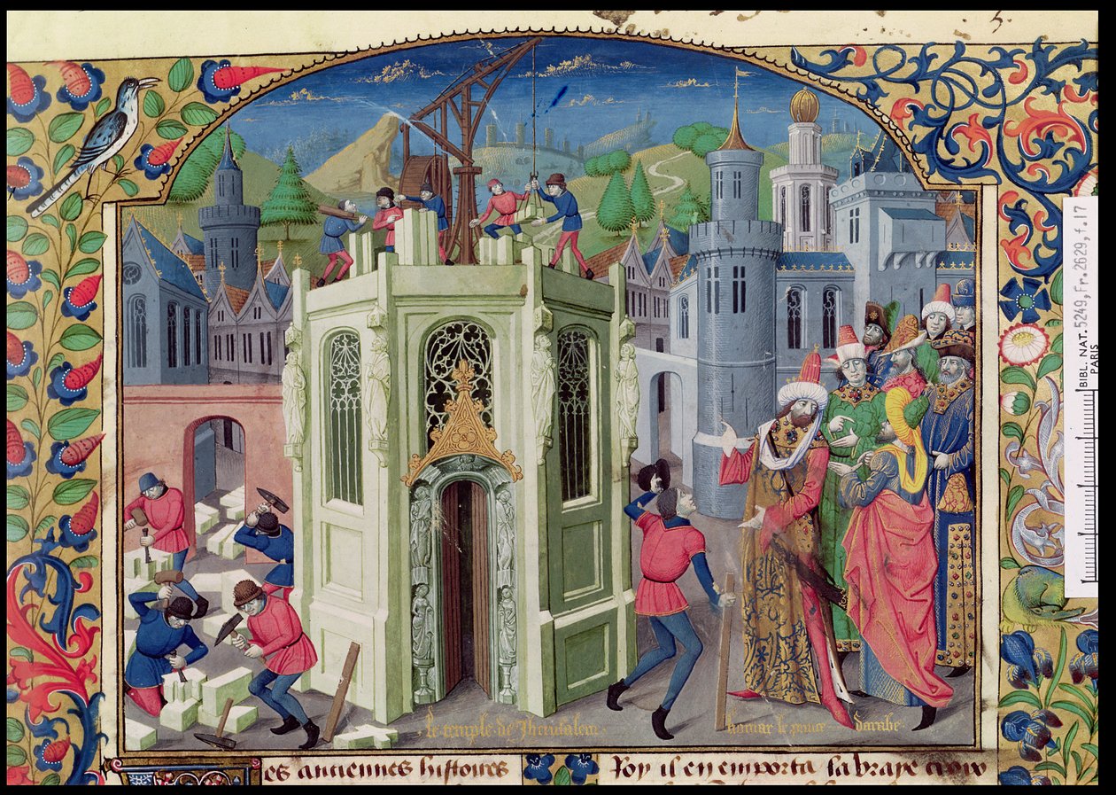 Fr 2629 fol.17 Sultan Omar starter gjenoppbyggingen av Jerusalems tempel, fra Histoire de la conquete de Jerusalem av William av Tyrus (ca. 1130-85) ca. 1470 av French School