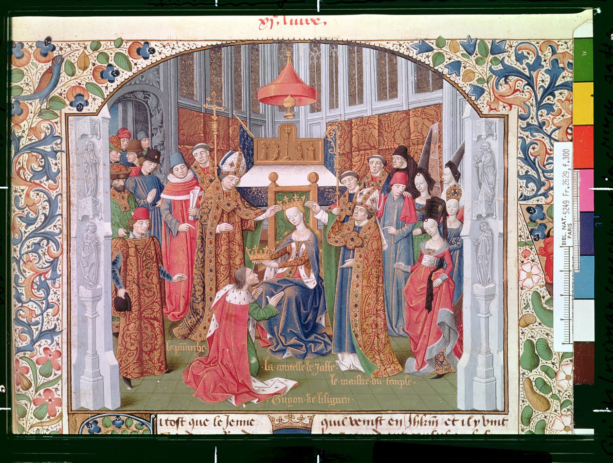 Fr 2629 fol.300 Grevinnen av Jaffa (ca. 1136-88) som kronet Guy of Lusignan (d.1194) fra Histoire de la conquete de Jerusalem av Vilhelm av Tyr (ca. 1130-85) ca. 1470 av French School
