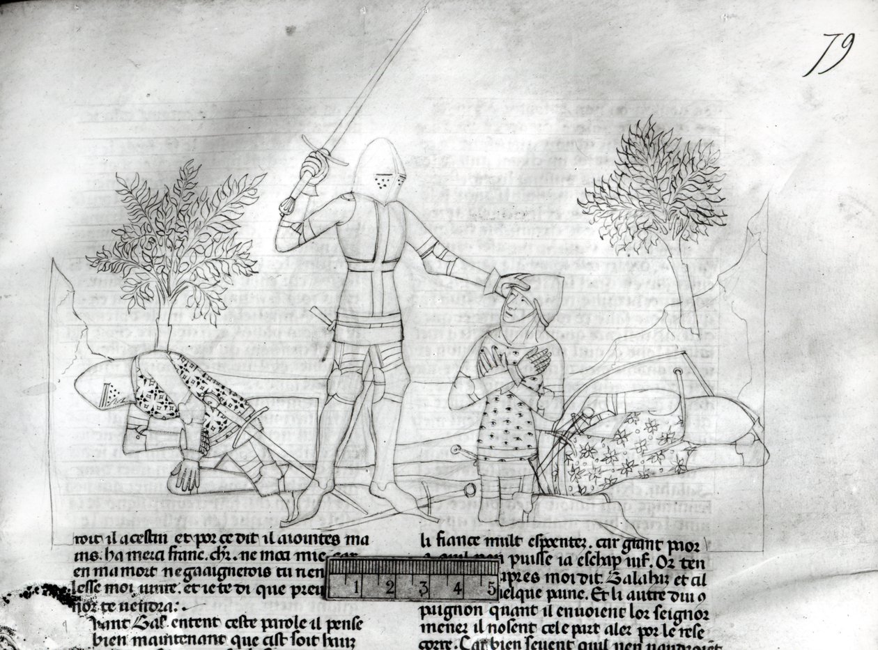 Fr 343 f.79 Bevæpning av en ridder på en slagmark, fra Lancelot du Lac av French School