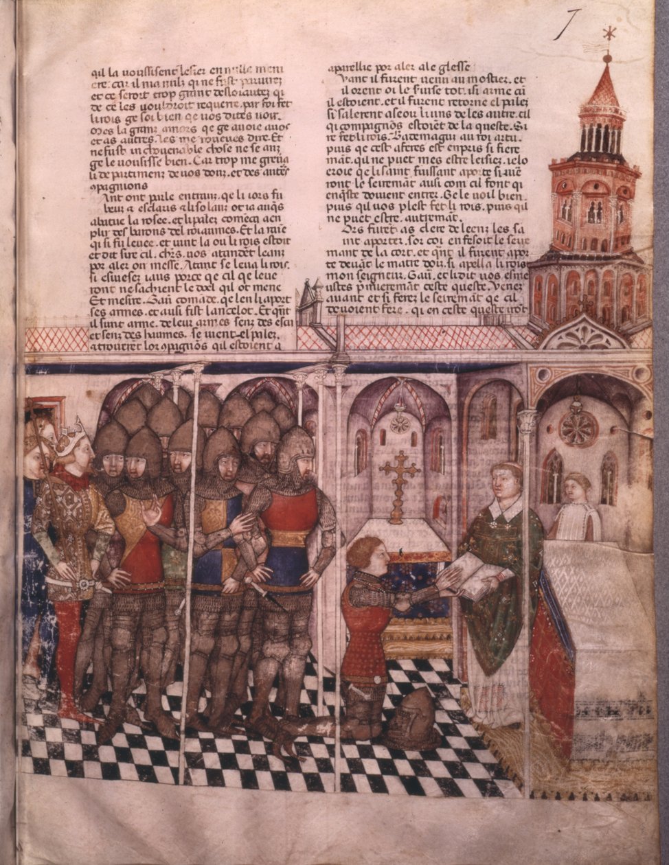 Fr 343 fol. 7 Jakten på den hellige gral og Arthurs død, ridder avlegger ed av French School