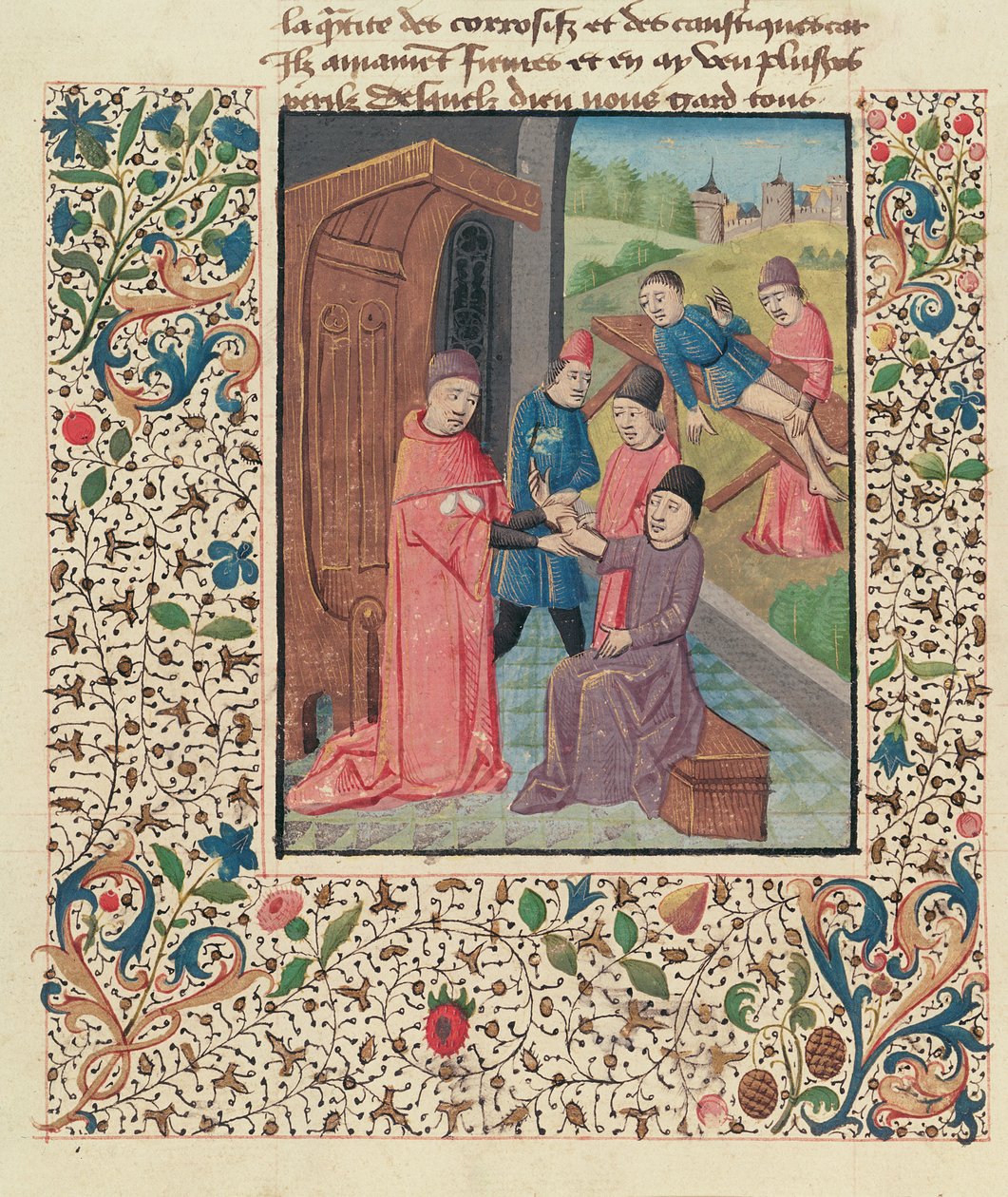 Ms Fr 396 fol.80v En lege som behandler brudd, fra La Grande Chirurgie av Guy de Chauliac av French School