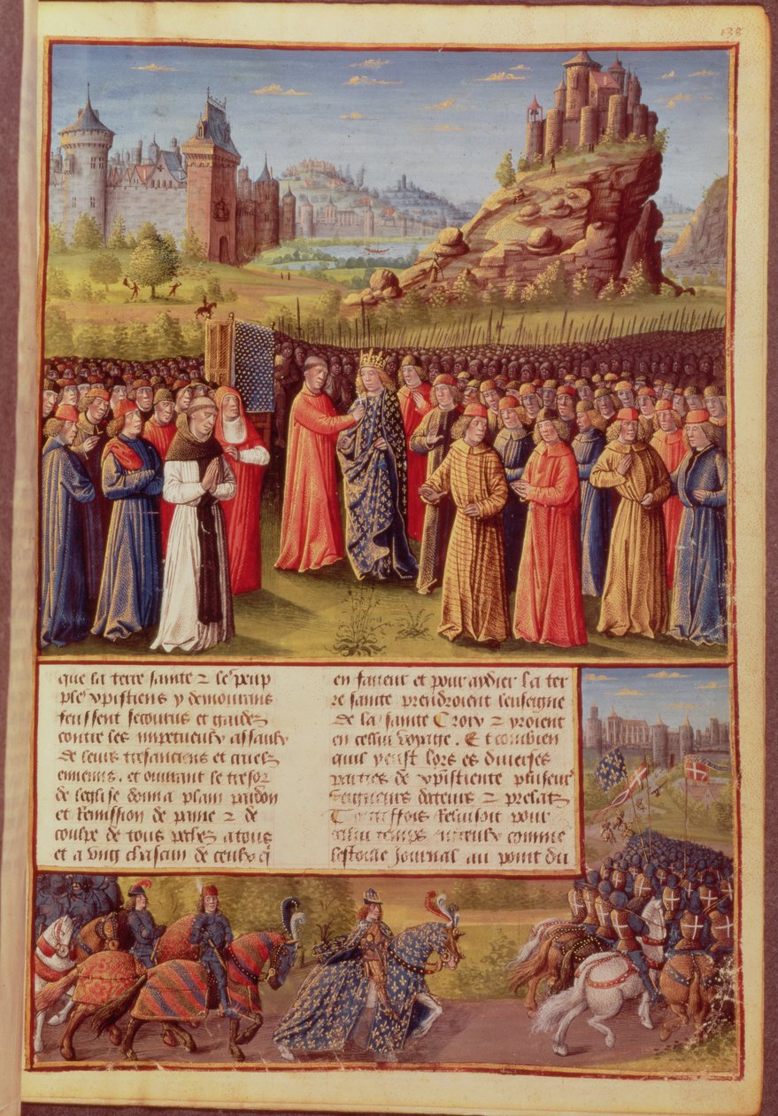 Fr 5594 f.138 Saint Bernard (ca. 1090-1153) av Clairvaux forkynte det andre korstoget i nærvær av kong Louis VII (ca. 1120-80) av Frankrike ved Vezelay i 1146, fra Passages faits Outremer skrevet av French School