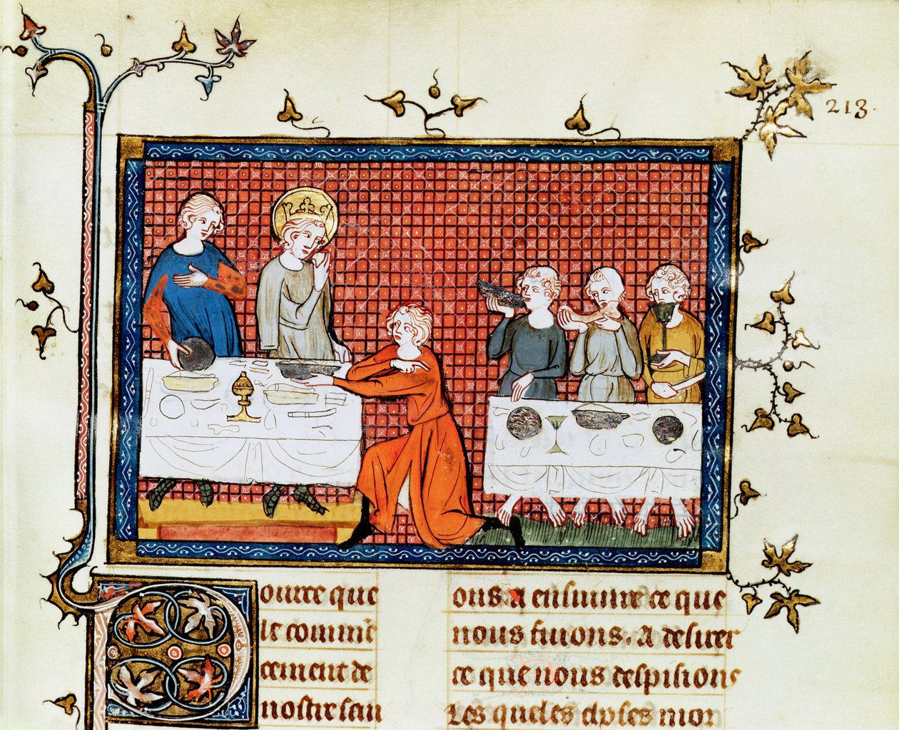 Fr. Fr. 5716 f.213 St. Louis Feeding the Poor, fra Life and Miracles of St. Louis, ca. 1330-40 av French School