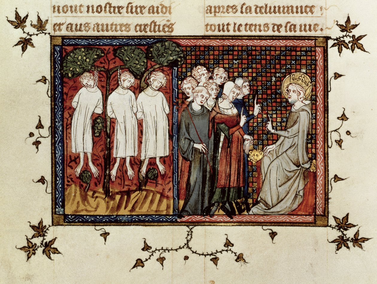 Fr. 5716 fol.246 St. Louis som avsier dom og fordømmer Enguerrand de Coucy (1228-1311) for å ha hengt tre unge adelsmenn, fra Life and Miracles of St. Louis, ca. 1330-40 av French School
