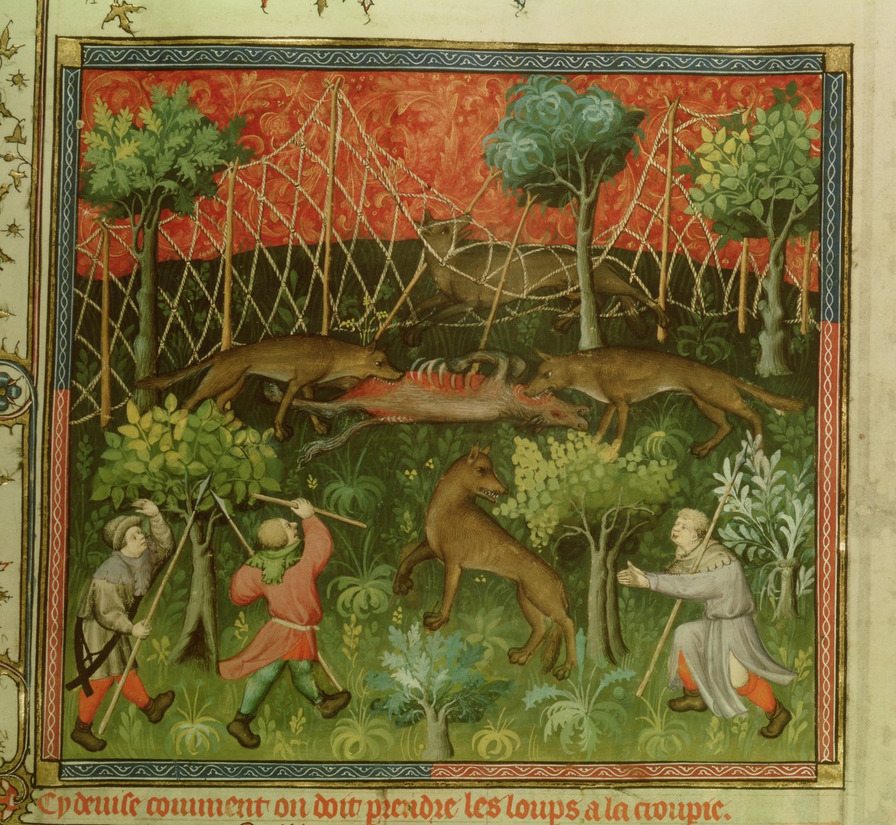 Fr 616 fol.111 Ulvejakt ved hjelp av garn, fra Livre de la Chasse av Gaston Phebus de Foix (1331-91) av French School