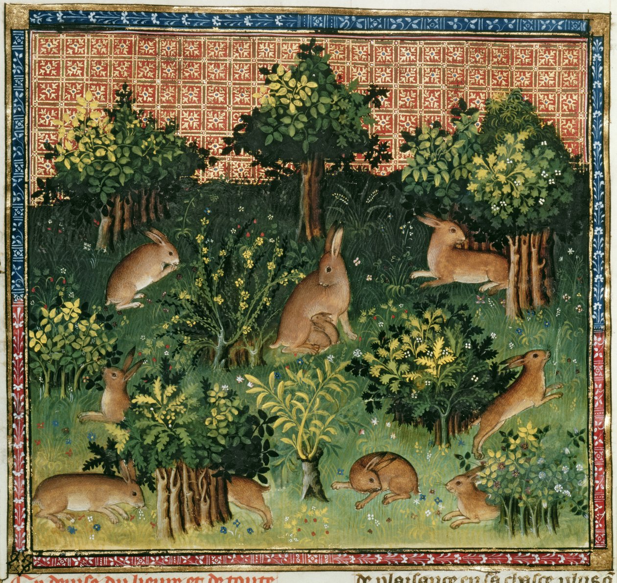 Ms Fr 616 fol.24v Hares in a Wood, from the Livre de la Chasse av Gaston Phebus de Foix (1331-91) av French School