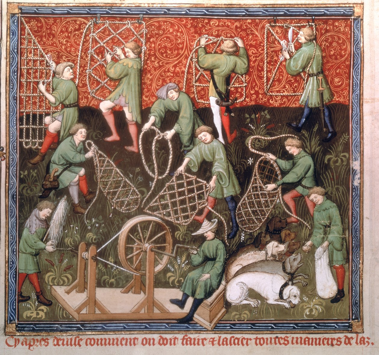 Ms Fr 616 fol.53v Menn med nett, fra Livre de la Chasse av Gaston Phebus de Foix (1331-91) tidlig på 1400-tallet av French School