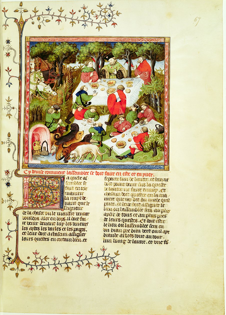 Fr 616 fol.67 Jegere som fester før hjortejakten, fra Livre de la Chasse av Gaston Phebus de Foix (1331-1391) av French School