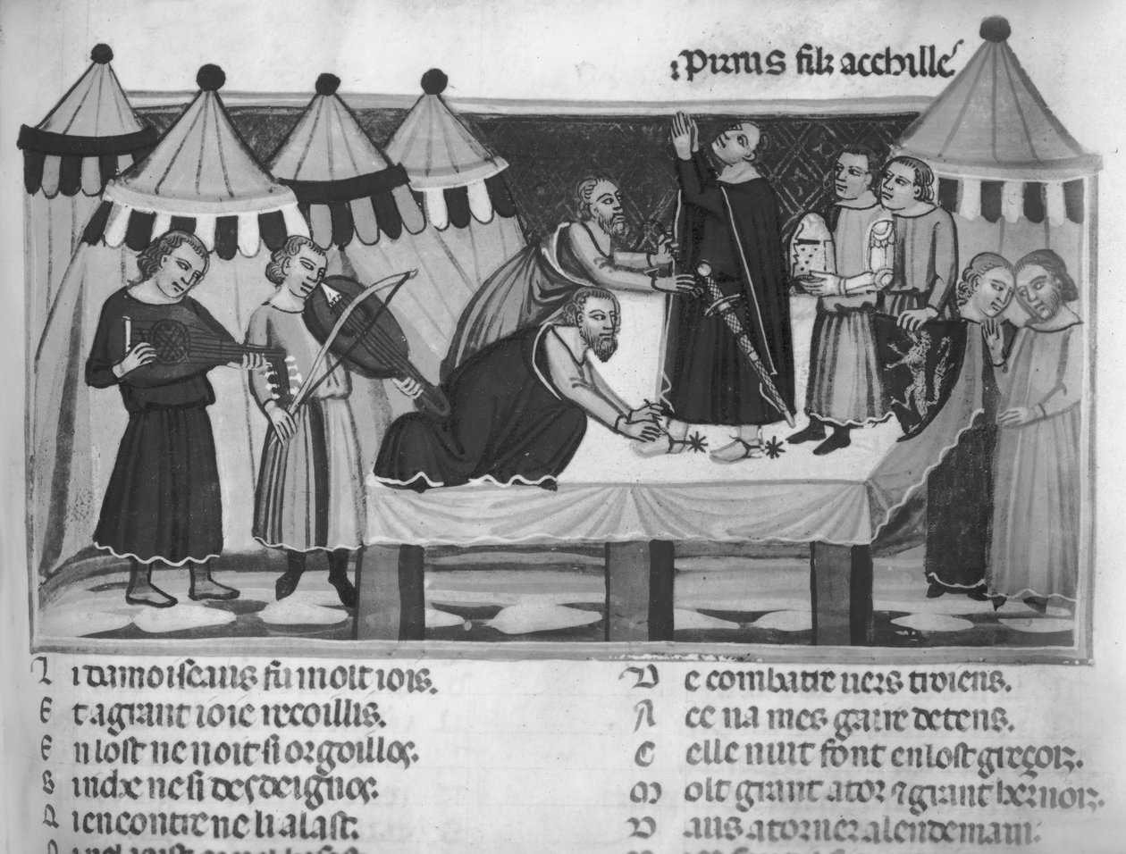 Fr 782 f.16 Bevæpning av en ridder, fra Roman de Troie, 1200-1300-tallet av French School
