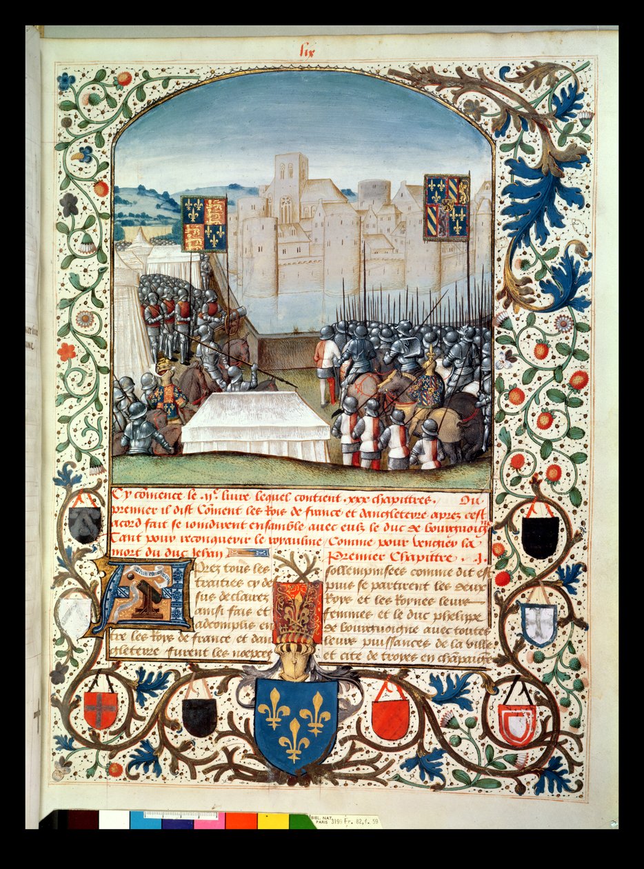 Fr 82 Fol.59 Den burgundiske og engelske hæren, fra Anciennes Chroniques dAngleterre, av Jean Batard de Wavrin, ca. 1470-80 av French School