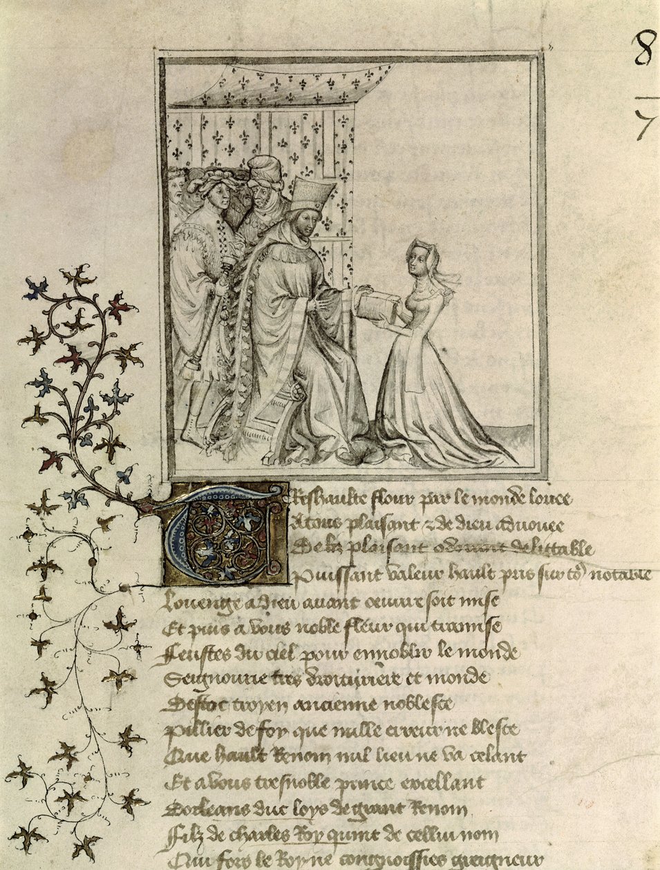 Fr 848 fol.1 Christine de Pisan (1364-1430) presenterer arbeidet sitt til Louis, hertug av Orleans (1372-1407) fra brevet fra Othea til Hector av Christine de Pisan, ca. 1405 av French School