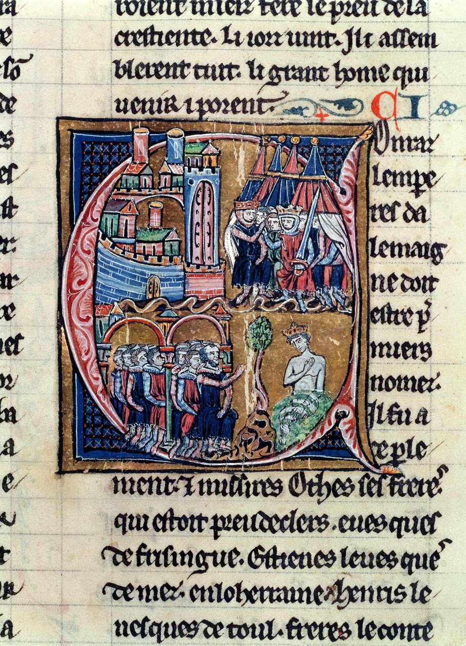 Fr 9081 fol.206 Historikert initial C som viser Conrad III (1137-52) keiser av Tyskland og Ludvig VII (1120-80) konge av Frankrike, beleiret Damaskus i 1148, fra Histoire de Jerusalem av William av av French School