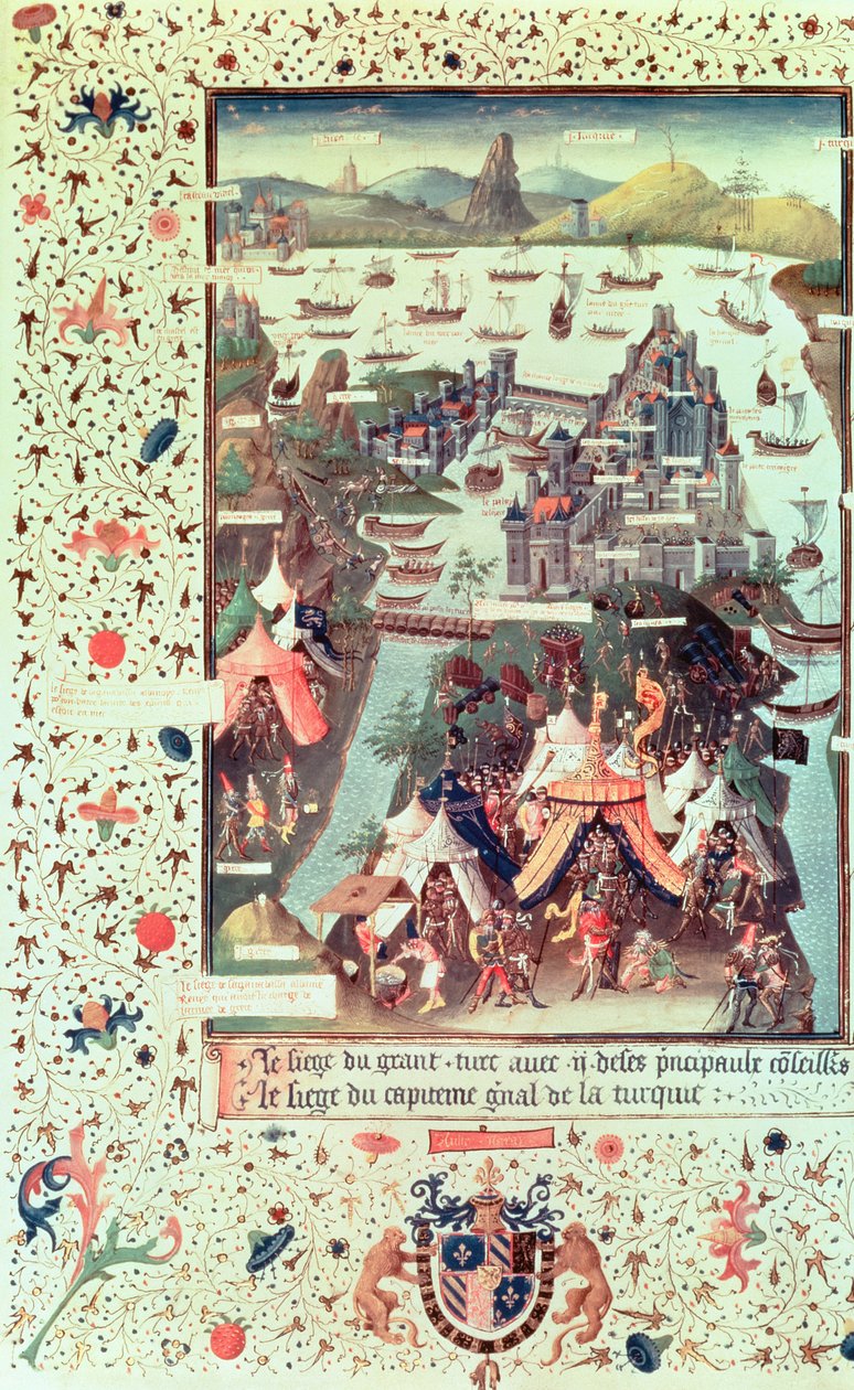 Fr 9087 f.207v Beleiringen av Konstantinopel i 1453, fra Le Voyage dOutremer av Bertrandon de la Broquiere, ca. 1450-75 av French School