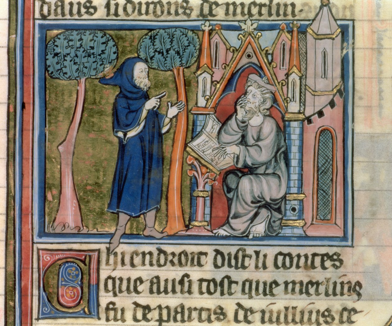 Fr. Fr. 95 f.268 Merlin dikterer historien til Blaise, fra lHistoire de Merlin, ca. 1280-90 av French School