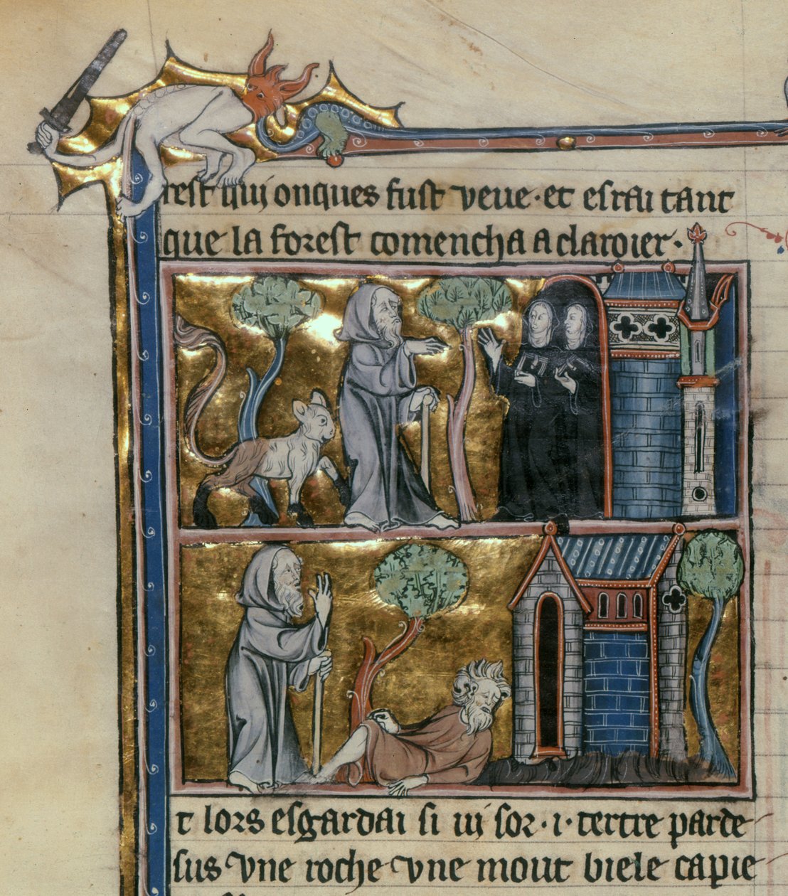 Fr 95 f.4v Eremitt og udyr, fra lHistoire du Saint Graal, ca. 1280-90 av French School