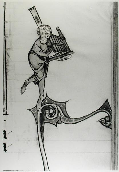 Fr 95 fol.273 Musiker som spiller et portativt orgel, fra lHistoire de Merlin, ca. 1280-90 av French School