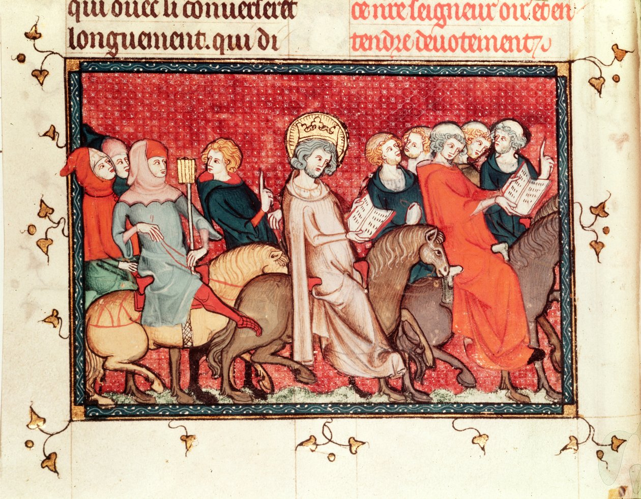 Fr. fol.48 Kongen dikterer timene mens han rir, fra Life and Miracles of St. Louis, ca. 1330-40 av French School