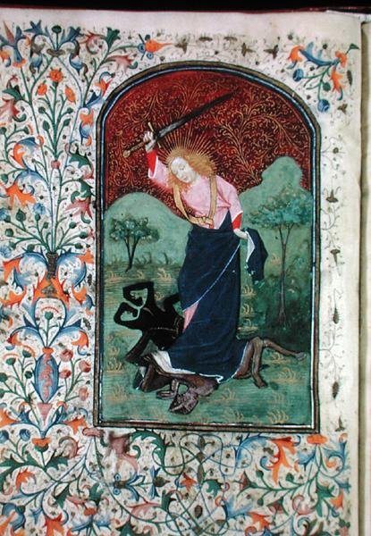 Ms Gen 288 f.84v Wrestling with a beast, c.1460 (vellum) av French School