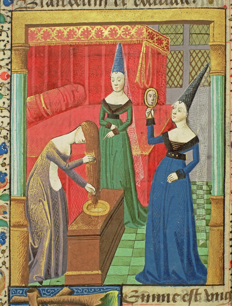 Ms Hunter 208 f.48v Feminine Vanities, fra The Fall of Princes, av Giovanni Boccaccio (1313-75) 1472 av French School