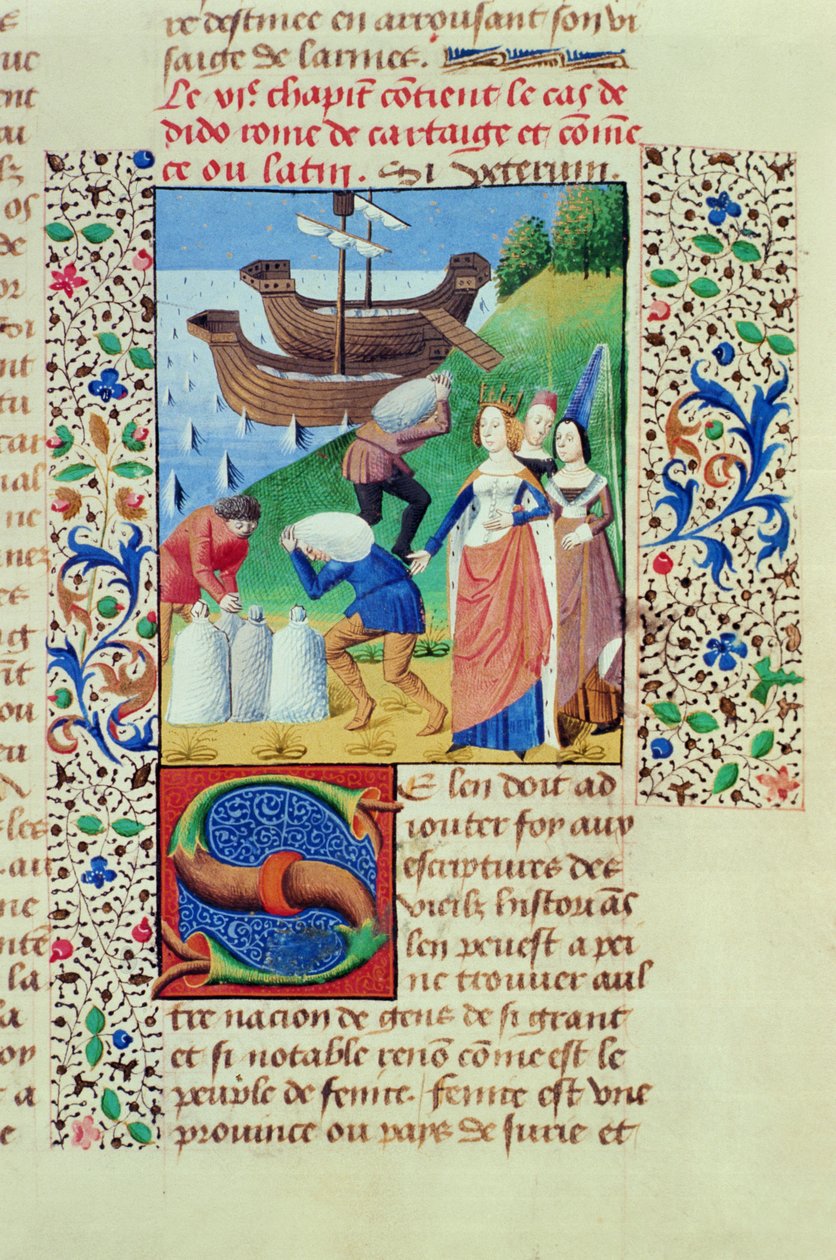 Hunter 208 f.67r Dido går ombord på Sychaeus Treasure, fra The Fall of Princes, av Giovanni Boccaccio (1313-75) 1472 av French School