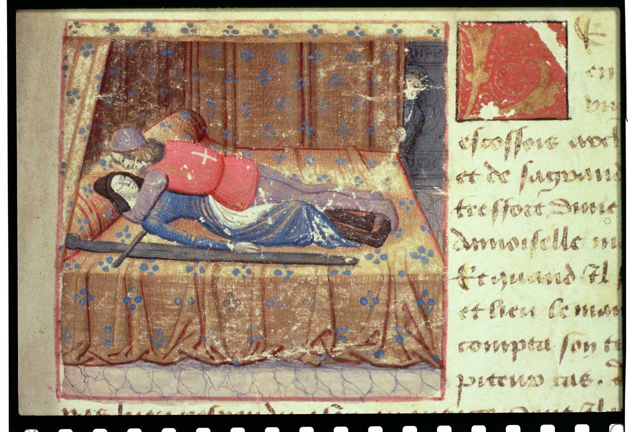 Fru Hunter 252 f.12r En nattscene, fra «De hundre nye historiene» av French School