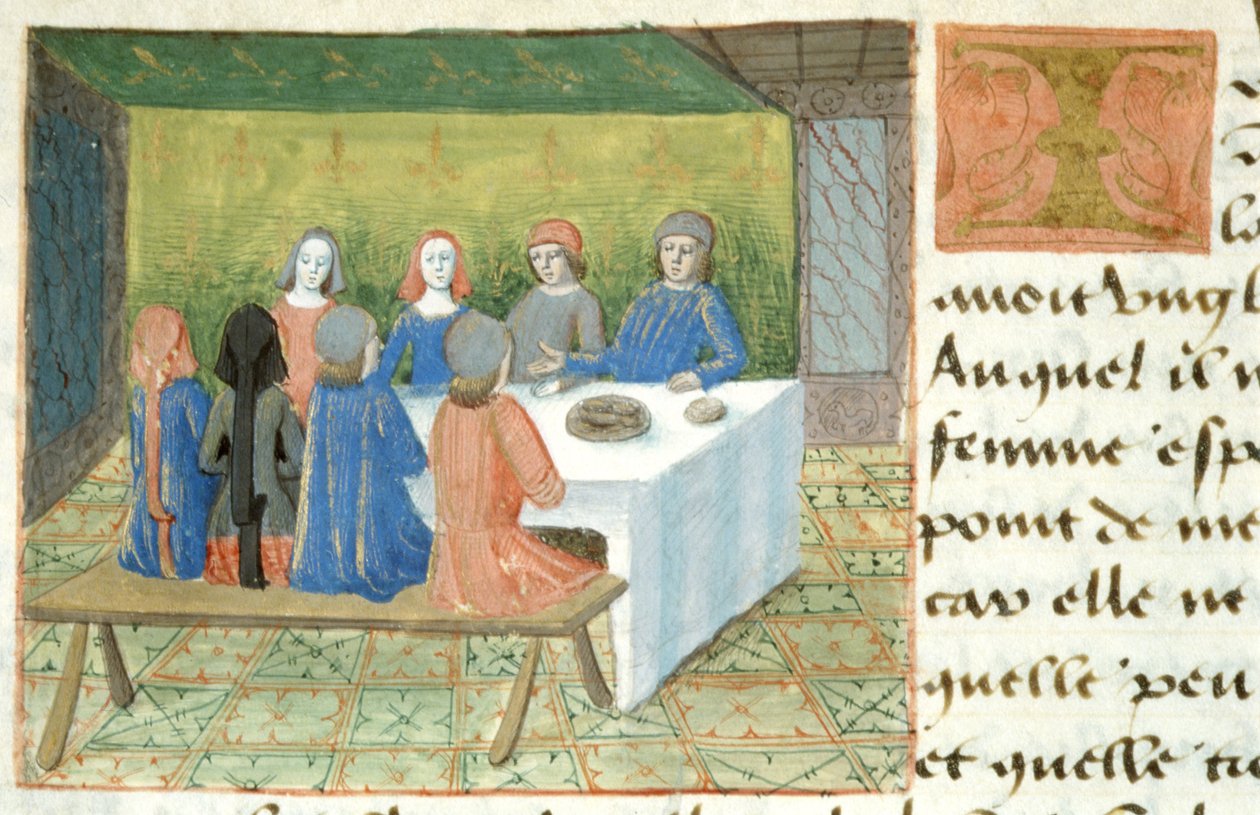 Ms Hunter 252 f.133v Meal, fra Les Cent Nouvelles Nouvelles, 1462 av French School