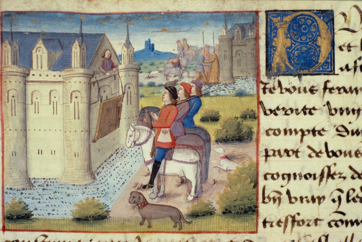 Ms Hunter 252 f.169v Moat rundt en by, fra Les Cent Nouvelles Nouvelles, 1462 av French School
