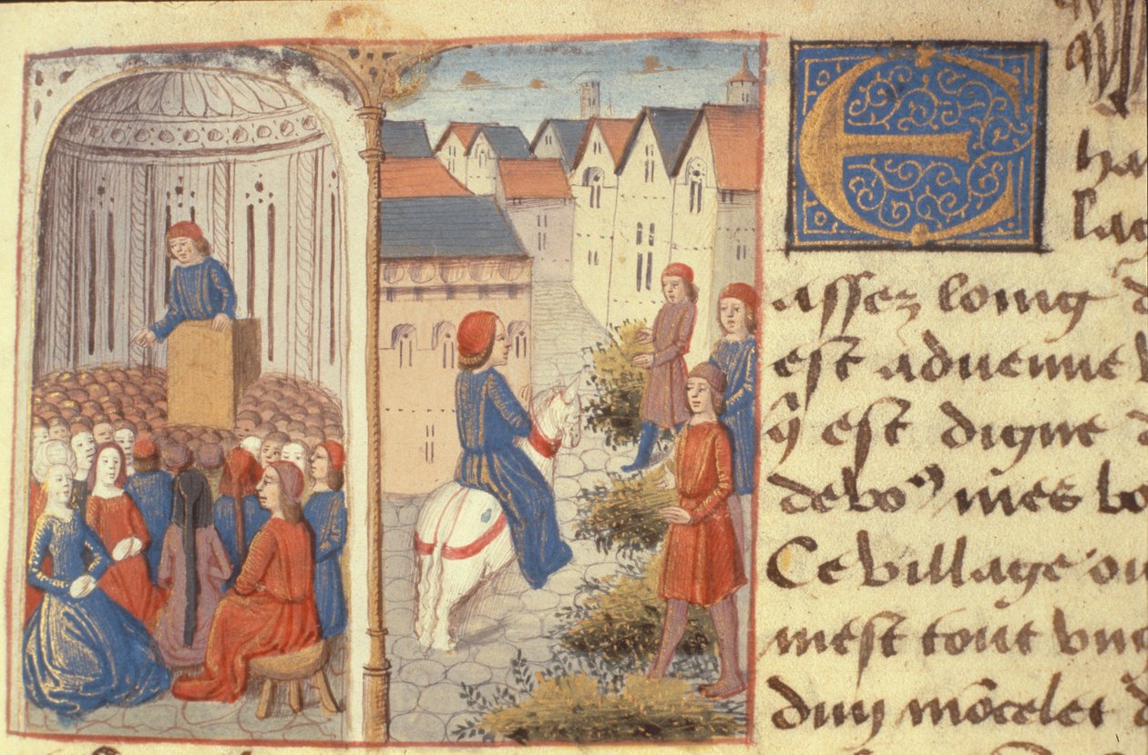 Ms Hunter 252 f.183r A Lecture and Strewing Rushes in the Streets, fra Les Cent Nouvelles Nouvelles, 1462 av French School