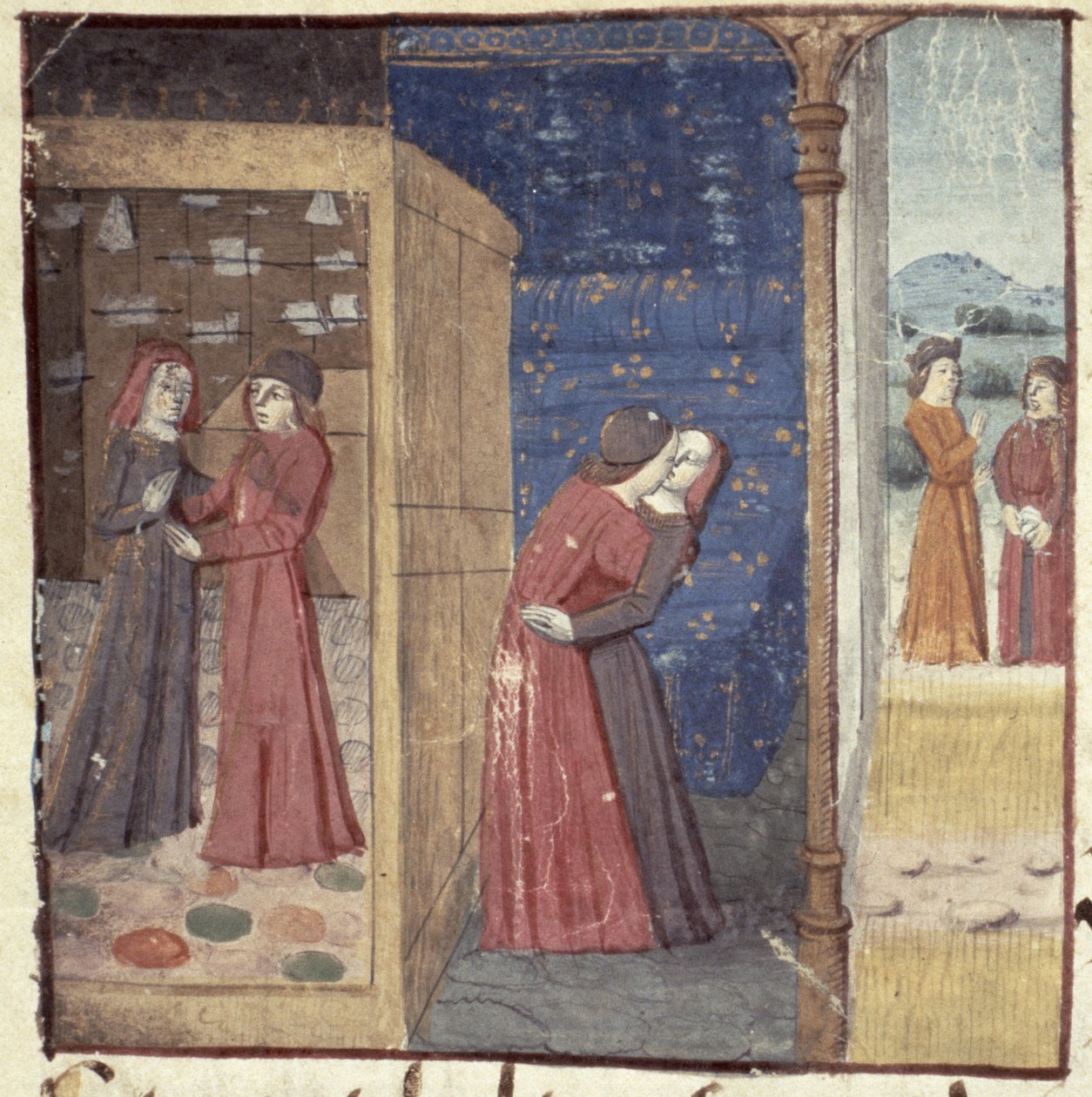 Ms Hunter 252 f.27v Kissing, fra Les Cent Nouvelles Nouvelles, 1462 av French School