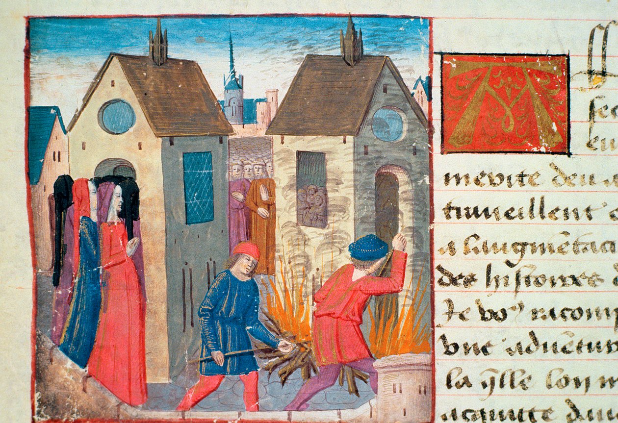 Ms Hunter 252 f.75v Brenne et hus, fra Les Cent Nouvelles Nouvelles, 1462 av French School