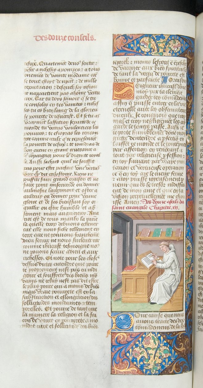 Ms Hunter 36-39, vol.3 fol.47v En karteusermunk i hvitt skriver et manuskript, illustrasjon fra Vita Christi av Ludolf av Sachsen, ca. 1490 av French School